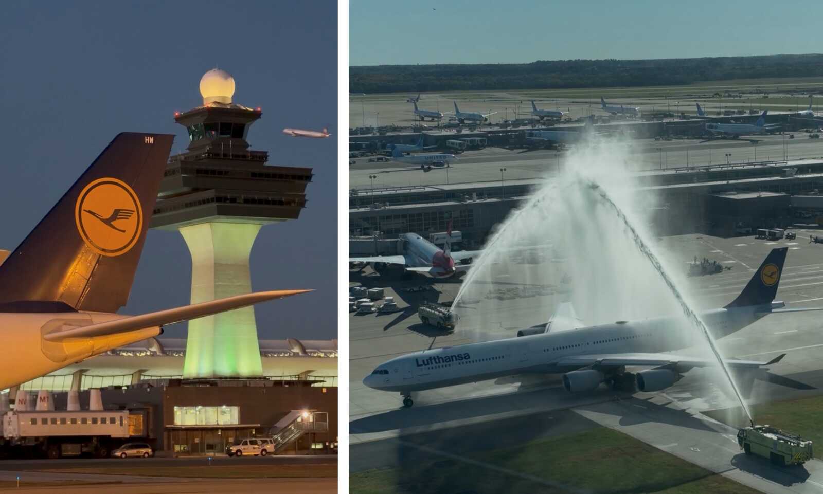 Left: a Lufthansa A340-600 tail with the crane logo at dusk beside the lit Dulles control tower. Right: the A340-600 rolling under a water-cannon arch from two airport fire trucks at Dulles